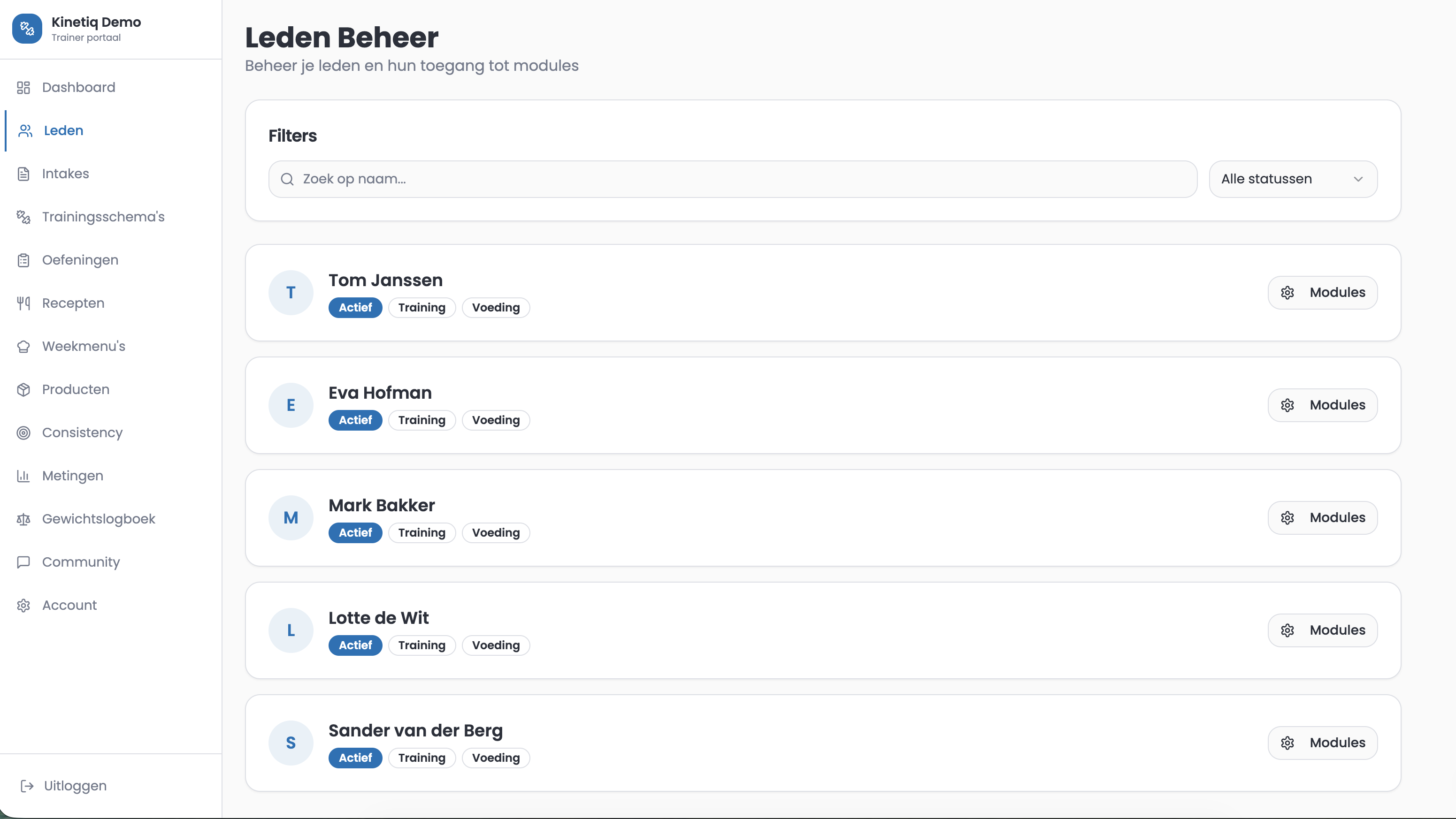 Kinetiq ledenoverzicht — trainer view