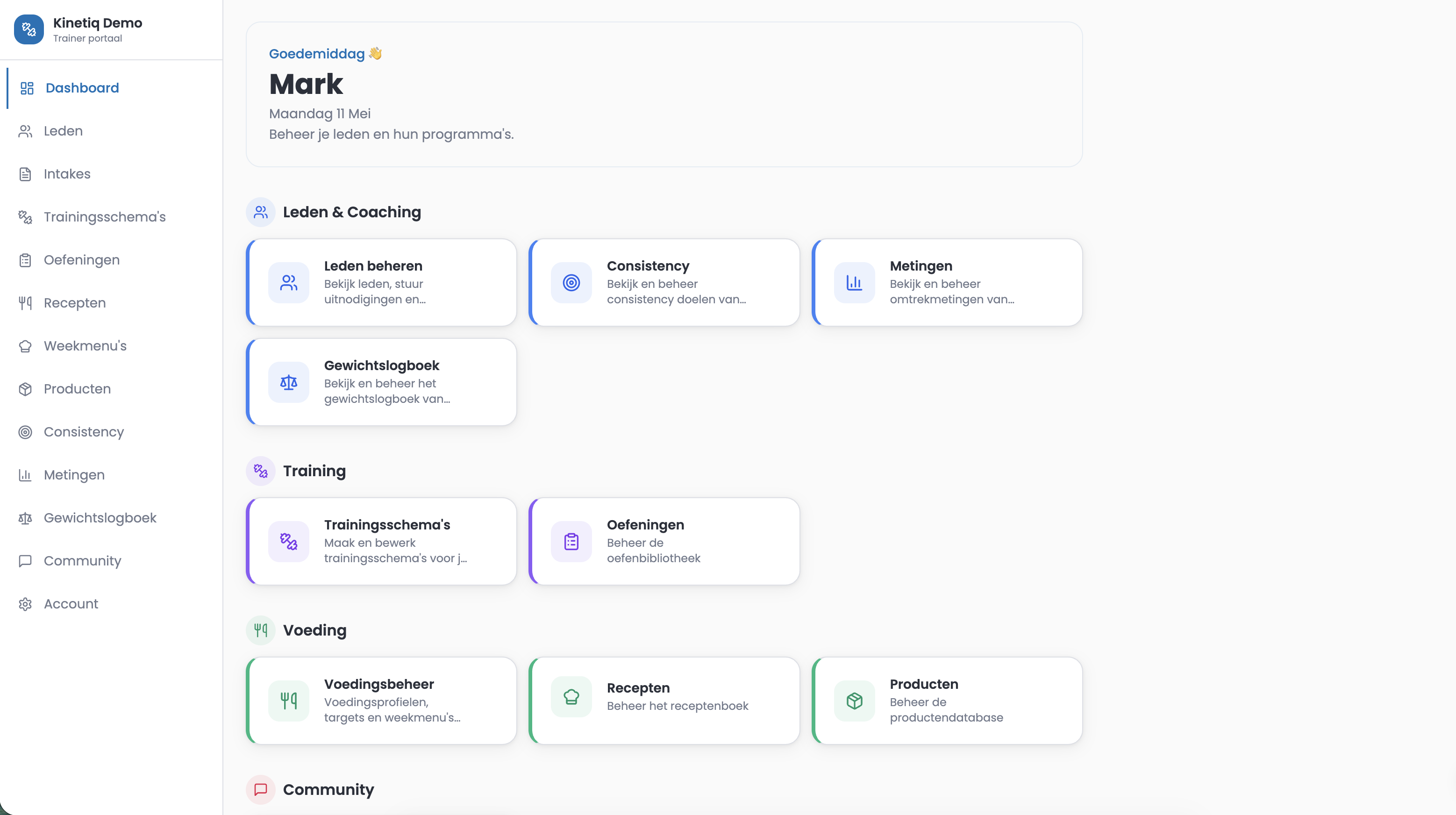 Kinetiq trainer dashboard — leden, training, voeding en consistentie op één plek
